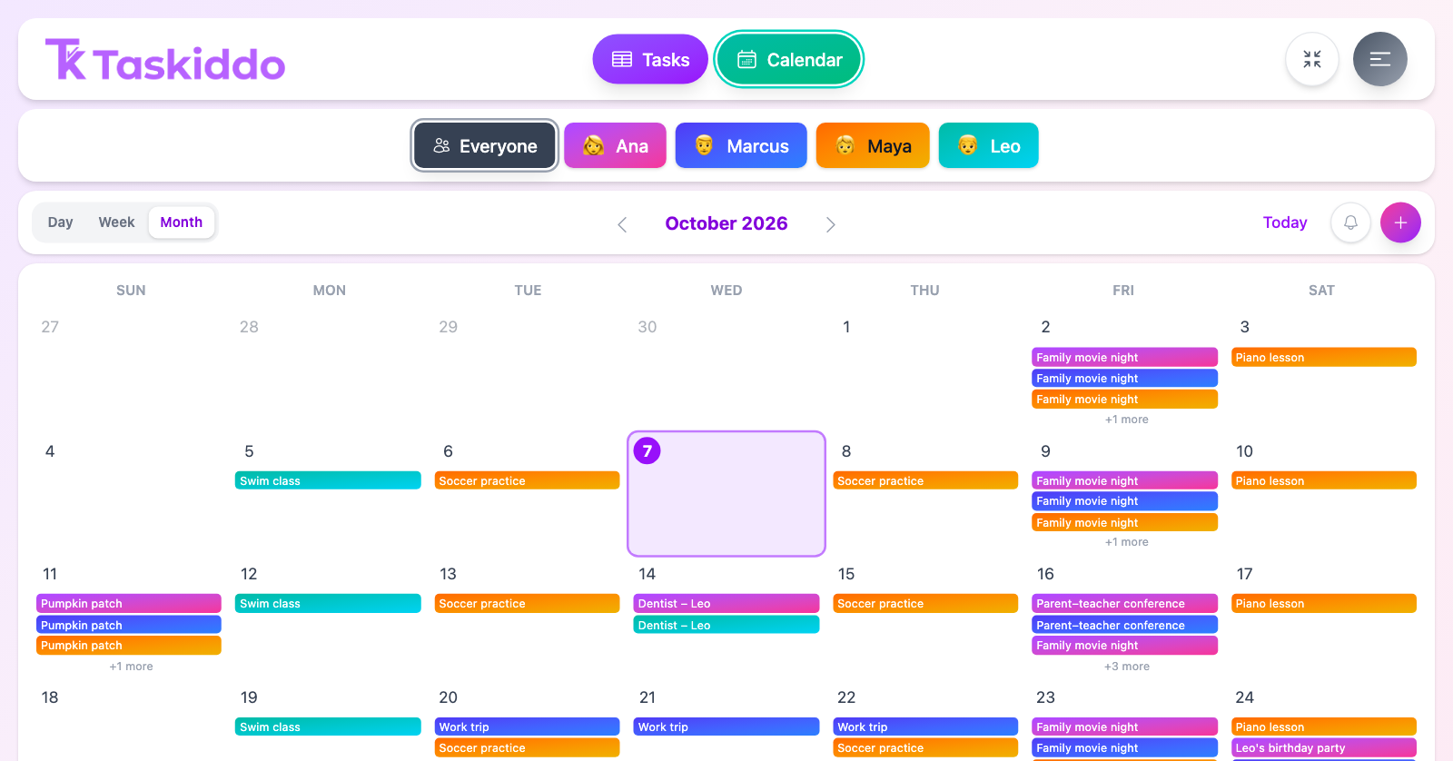Taskiddo's shared calendar in month view, with color-coded events per profile