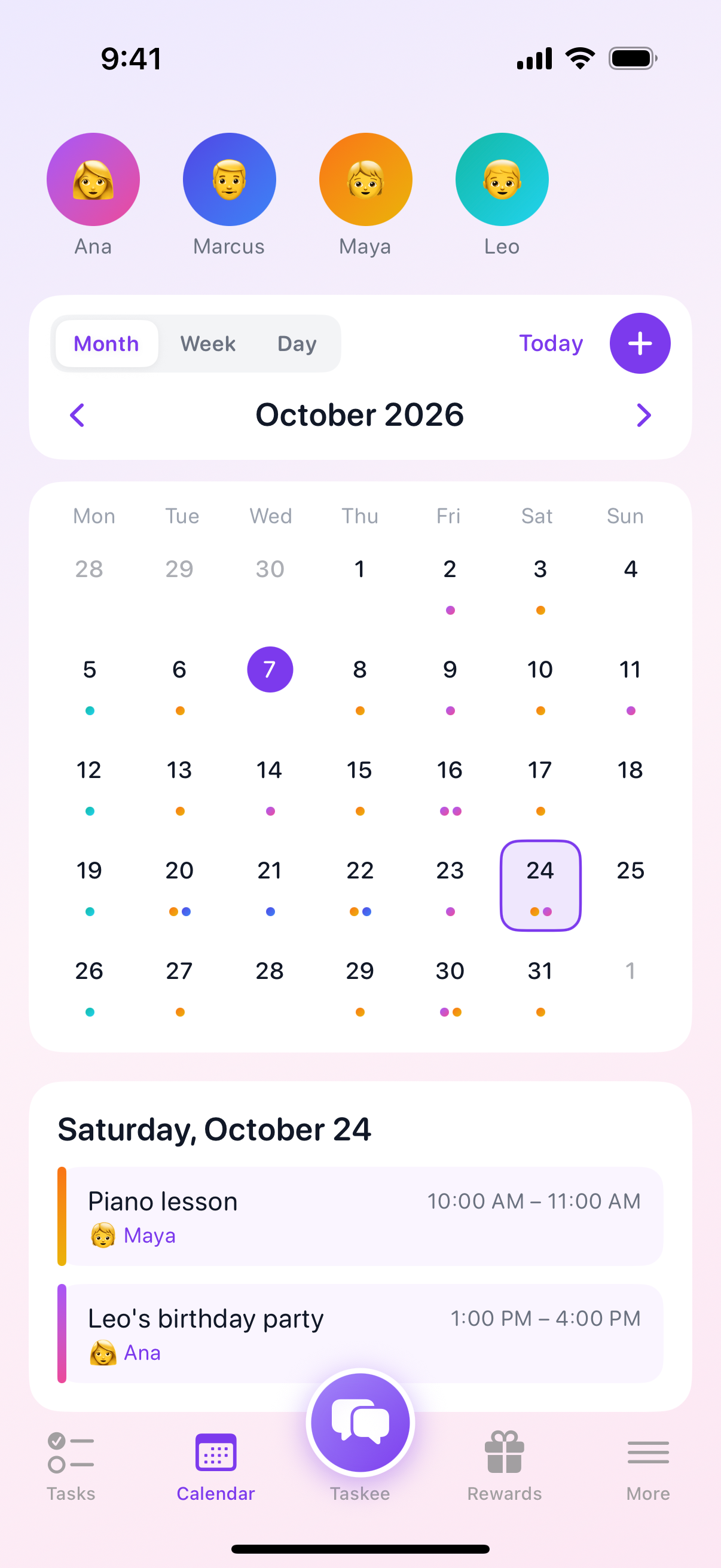 iOS app calendar view showing events with color-coded indicators