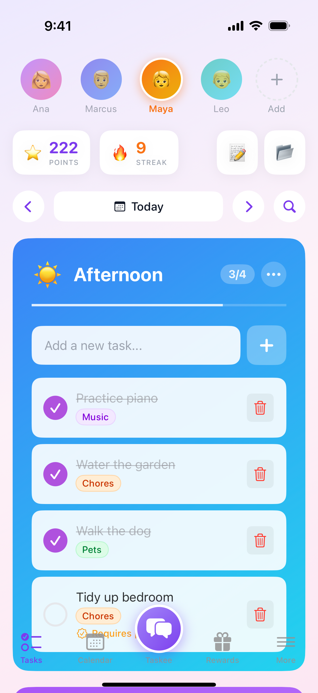 iOS app tasks screen showing profile circles and task list organized by time of day