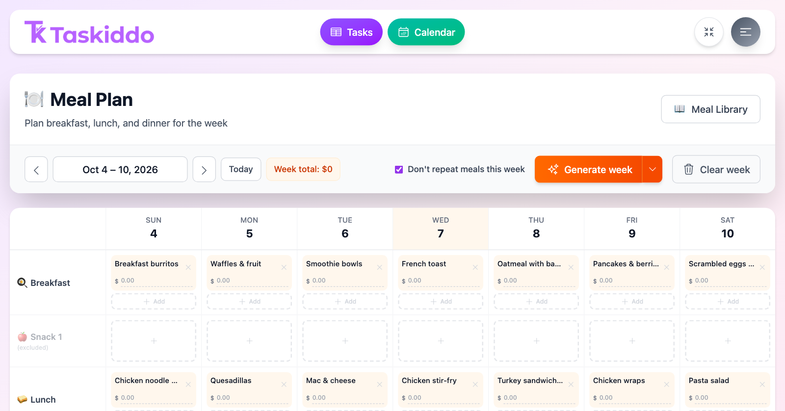 The weekly meal plan, with breakfast and lunch filled in for every day