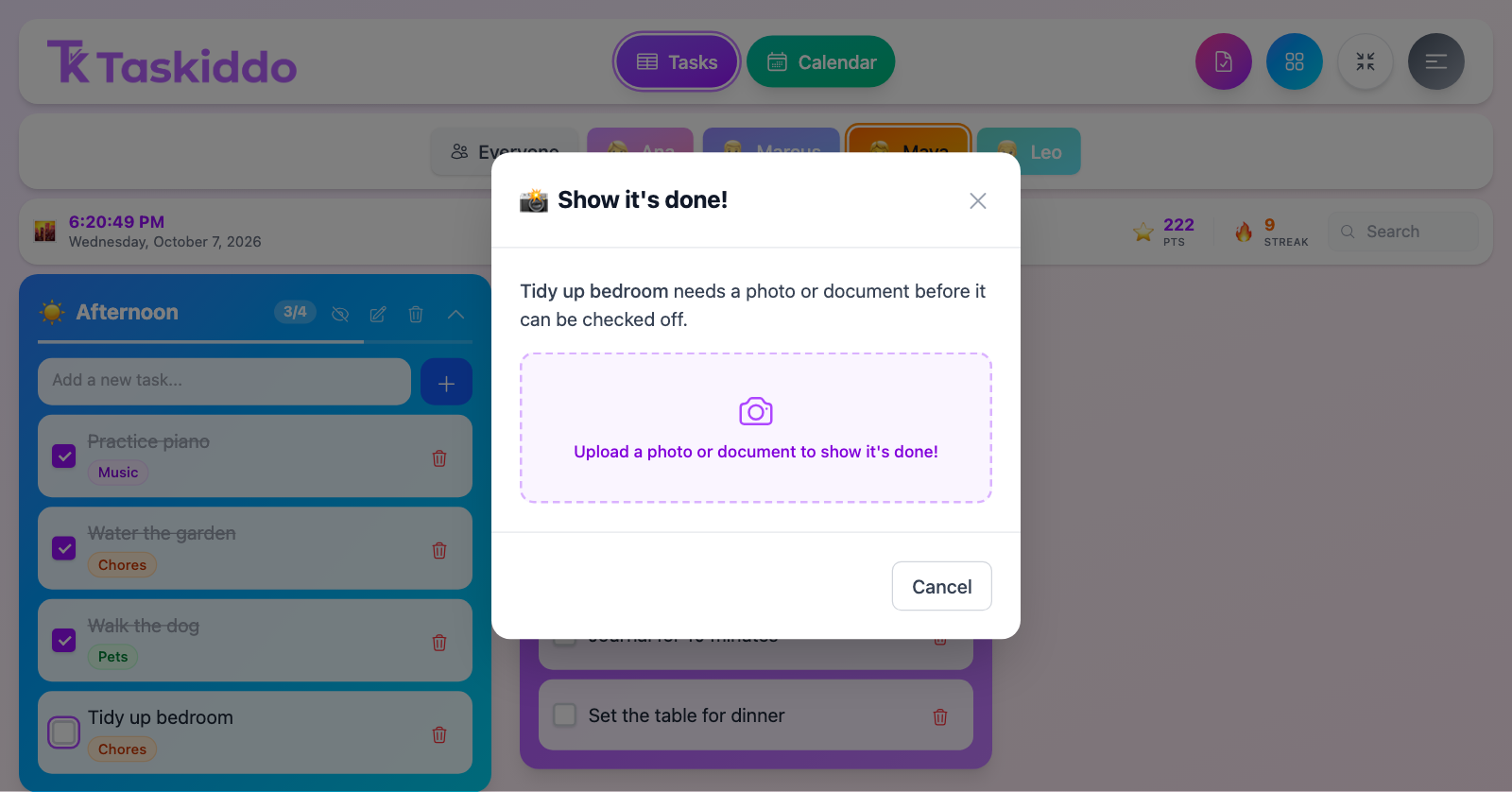 A task that needs a photo or document before it can be checked off