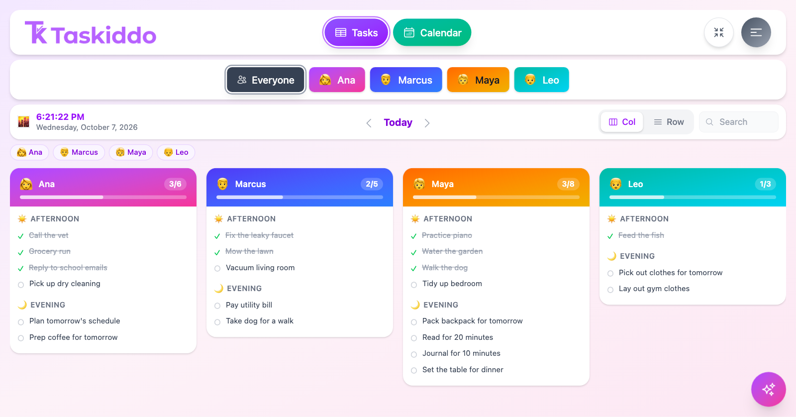 A household's task board with a card per person, showing their remaining tasks for the day