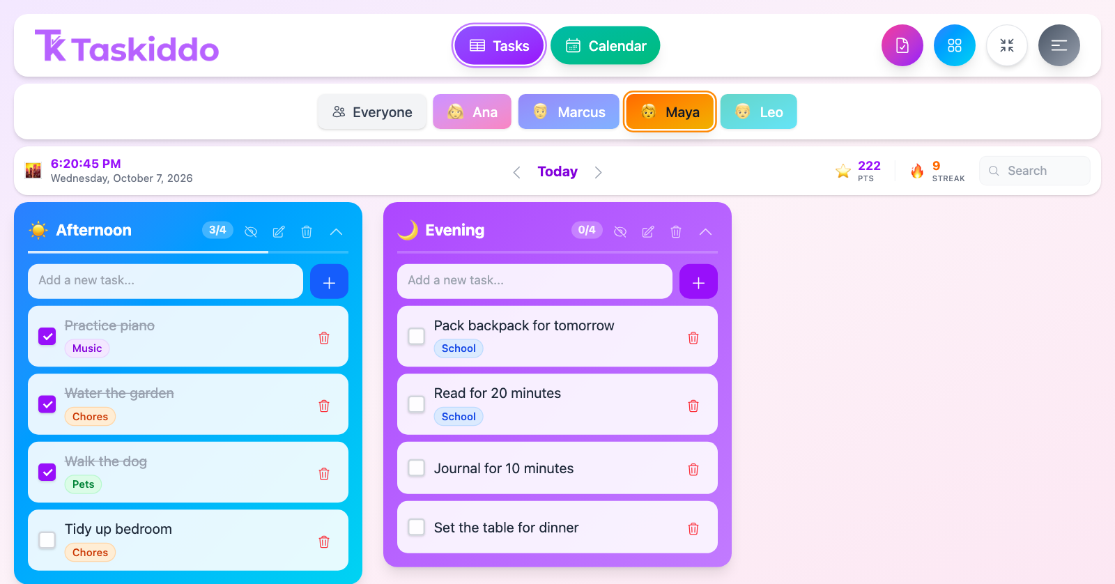 A Taskiddo profile's task board showing today's tasks, points balance, and streak